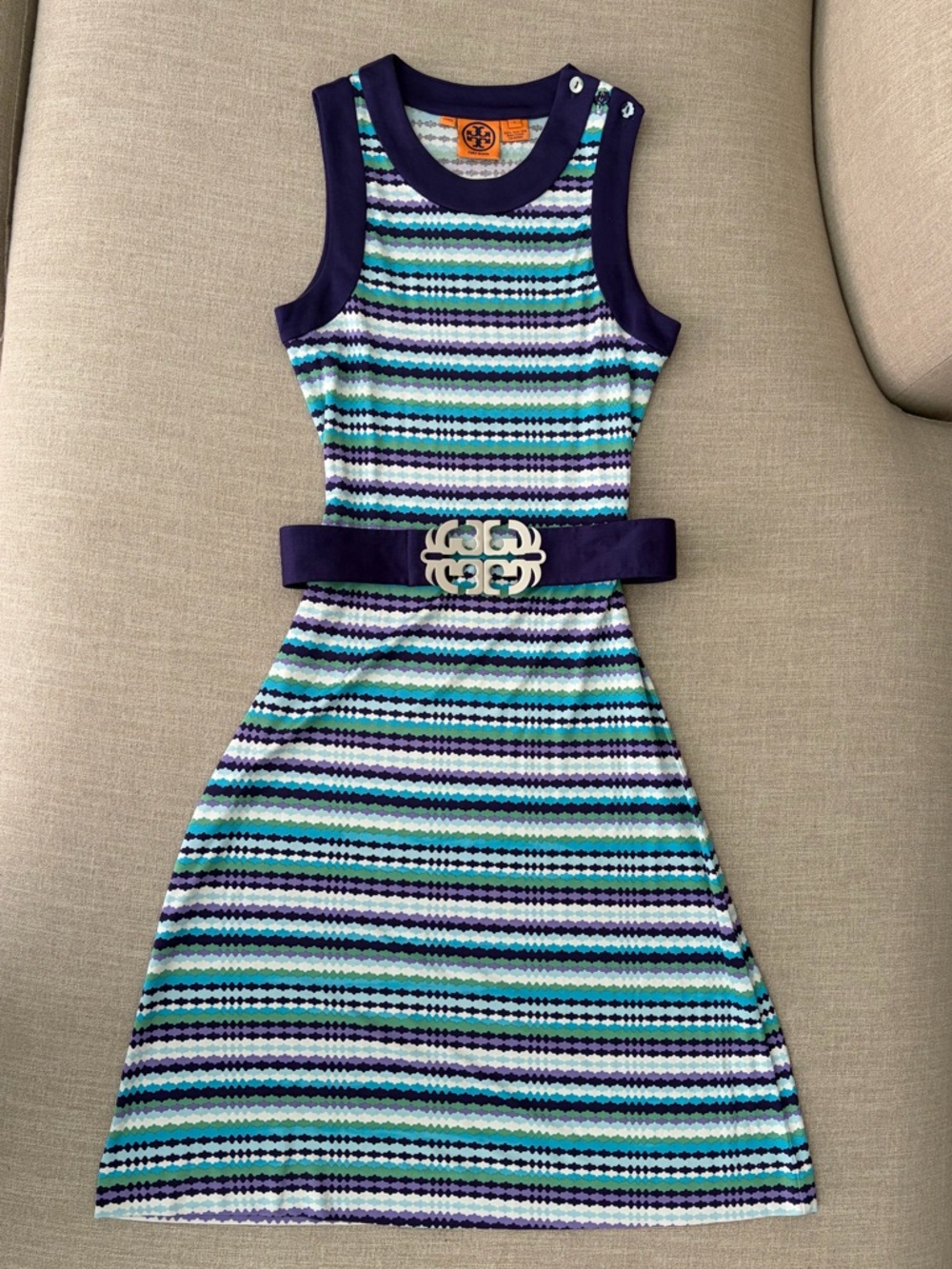 Tory Burch Striped Midi Dress in Navy, Aqua, White